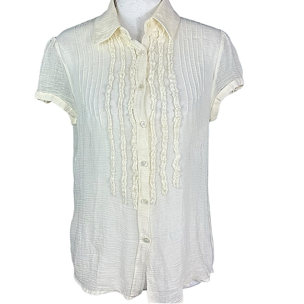PIAZZA SEMPIONE: Vintage Ruffle Front Button-Up Short Sleeve Silk Blouse -Small